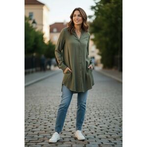 BCBGeneration Olive Green Longline Button Down Tunic Shirt Womens Small